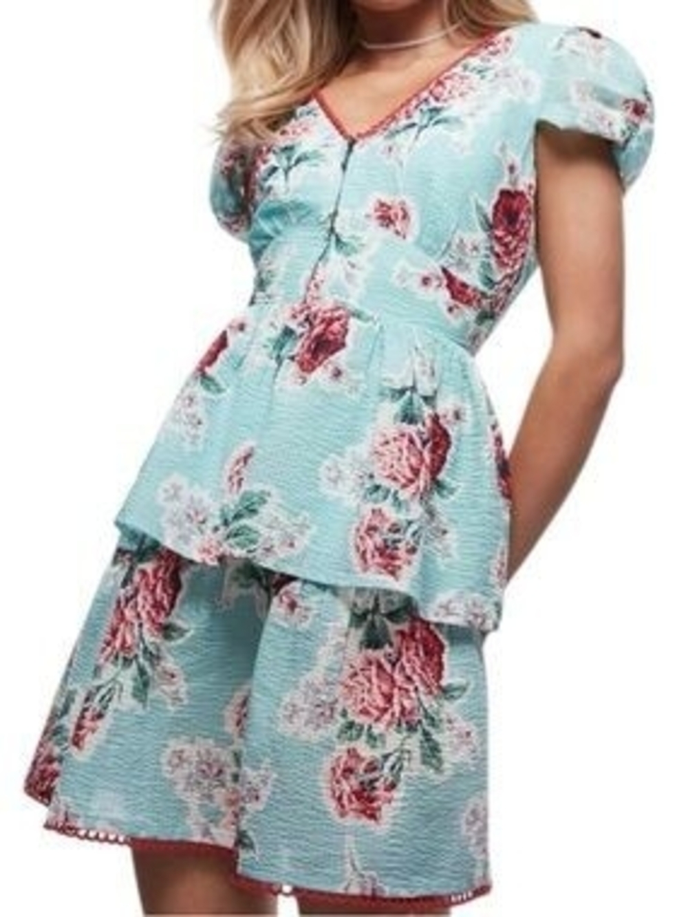 Betsey Johnson Aqua Floral Peplum Dress with Pink Trim